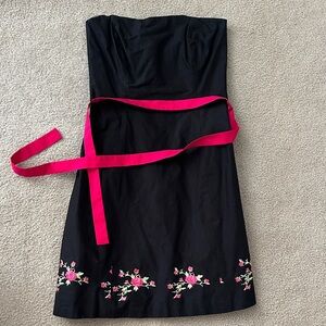 Shoshanna Black Strapless Dress with Pink Floral Embroidery